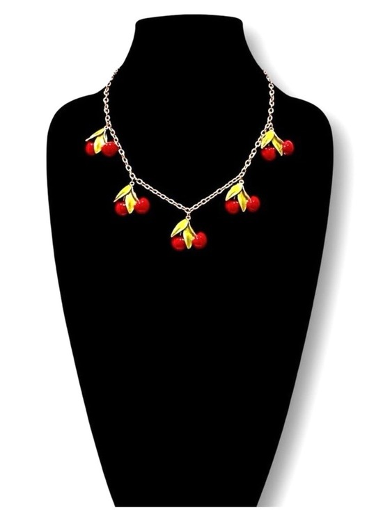 Jewelry - FASHIONABLE FRUIT | Cherries Jubilee Red & Green Enamel Charm Necklace | NIB